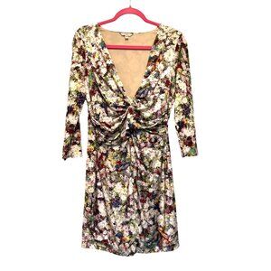Guess Floral Long Sleeve Plunge Neck Dress Size L Stretch Lined Multicolor